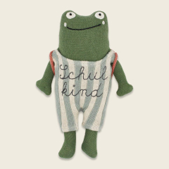 Frosch Schulkind,grün mit Anzug blaucreme gestreift und Schulranzen